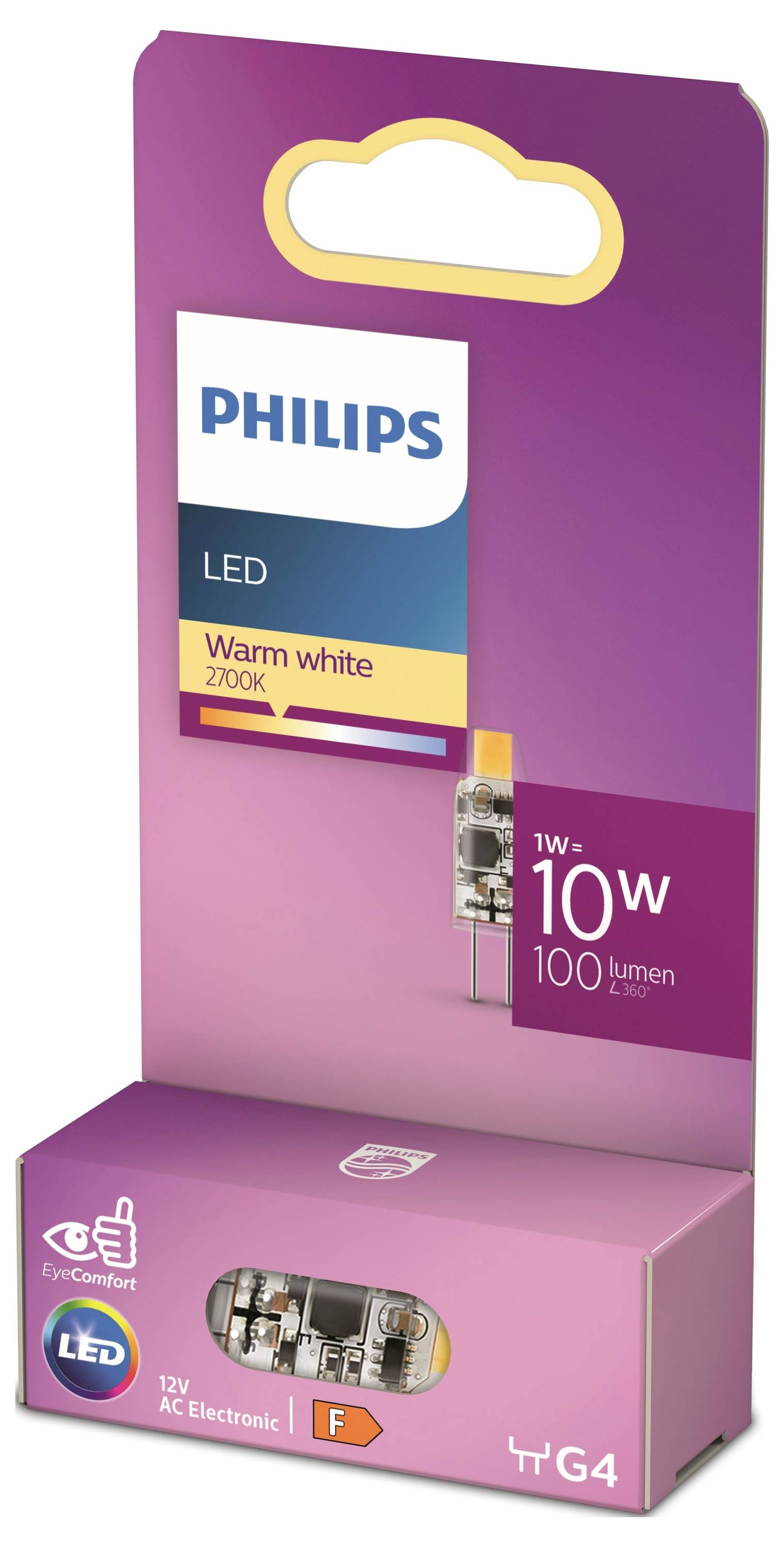 Žiarovka Philips LED, krabička s nápisom "Teplá biela 2700K", "1W = 10W 100 lumenov", fialové balenie, logo pre ochranu očí, vhodné pre pätica G4.
