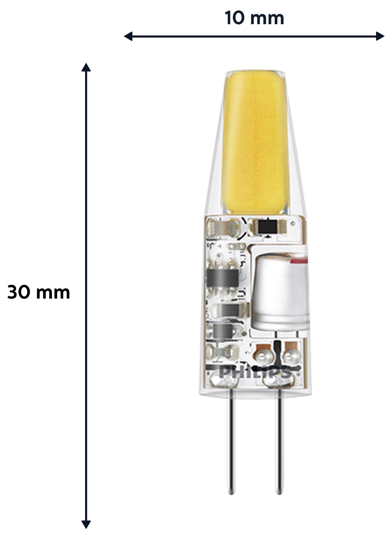 Malá LED žiarovka s priesvitným obalom, ktorá odhaľuje vnútorné komponenty. Rozmery sú 10 mm na šírku a 30 mm na výšku.