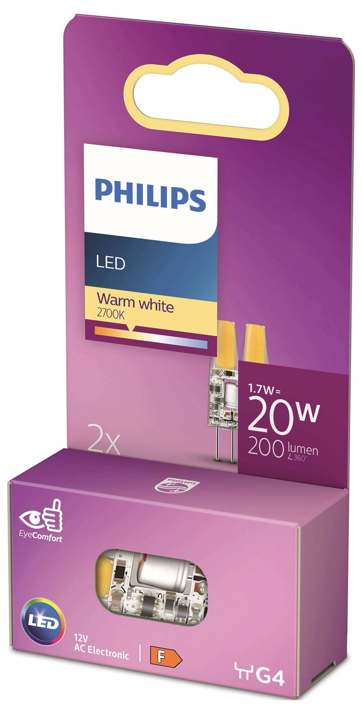 'Sada LED žiaroviek Philips so 2 teplými bielymi žiarovkami 2700K. Spotreba energie: 1,7W, svetelný výkon: 200 lumenov. Vhodné pre objímky G4.'