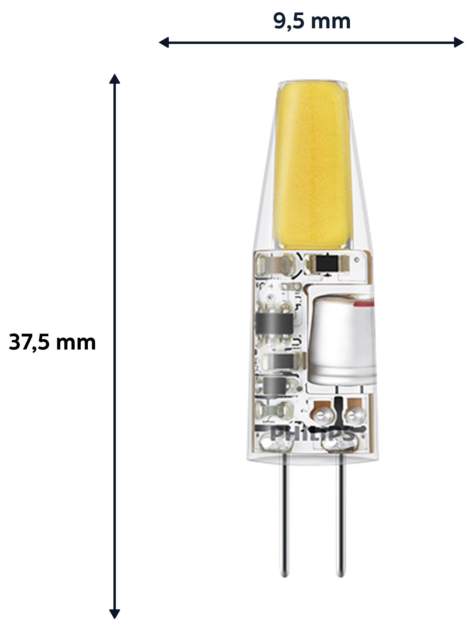 Žiarovka Philips LED s výškou 37,5 mm a šírkou 9,5 mm je zobrazená so viditeľnými internými elektronickými komponentmi.