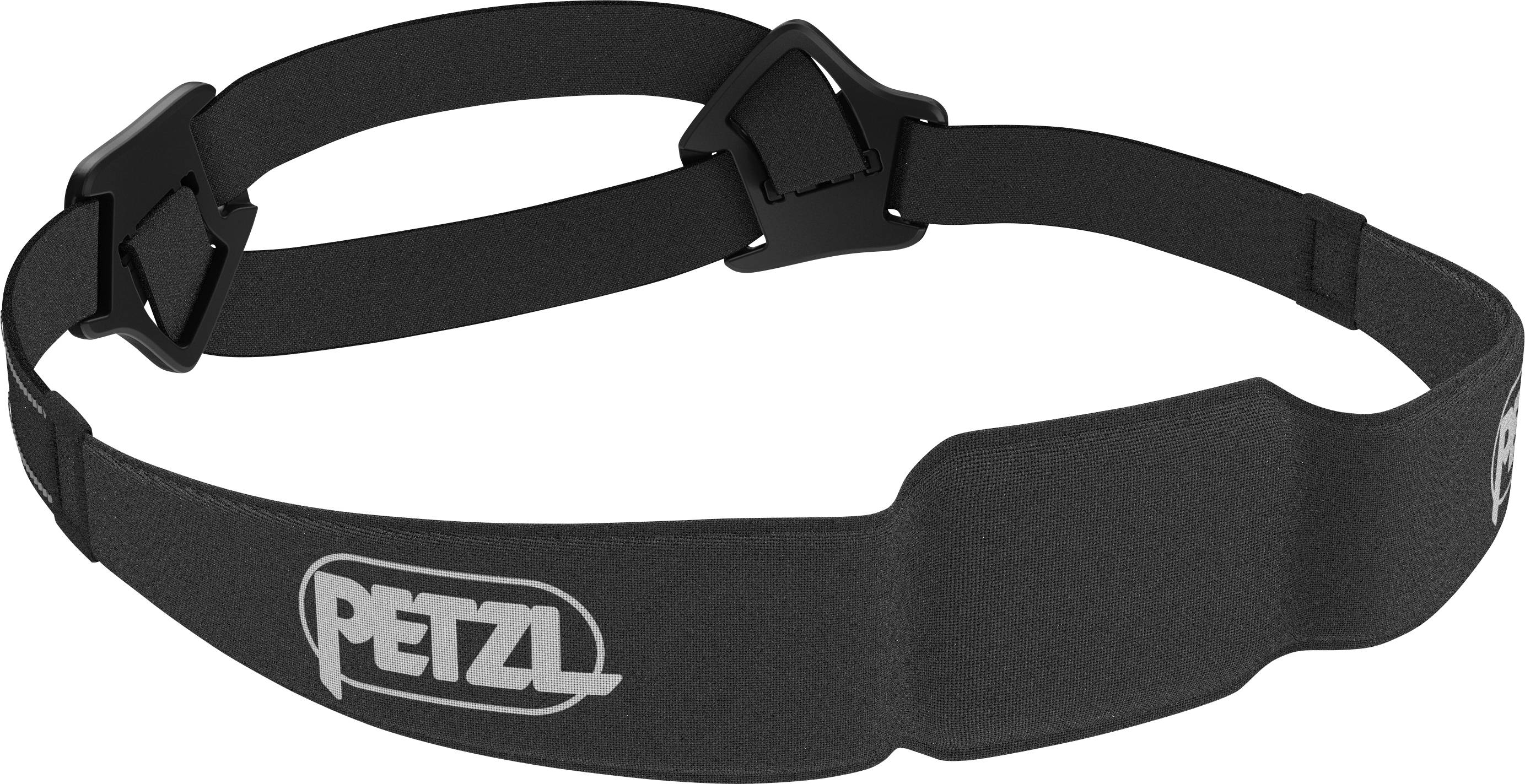 Čierna čelenka Petzl s nastaviteľnými popruhmi a logom, navrhnutá na upevnenie čeloviek pre osvetlenie bez použitia rúk.