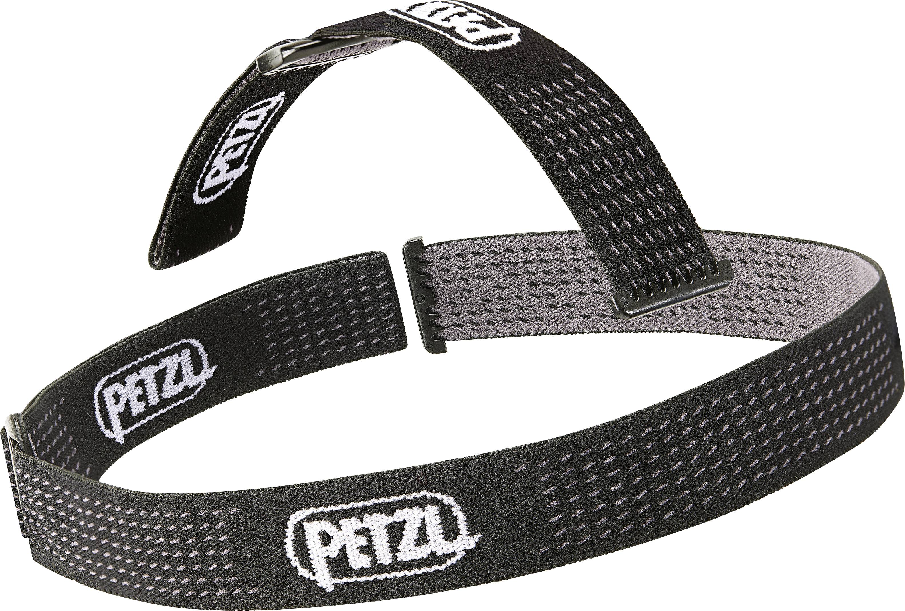 Čierna a sivá nastaviteľná čelenka s logom "PETZL", zobrazujúca slučkový a spôsob zapínania na zabezpečené upevnenie.