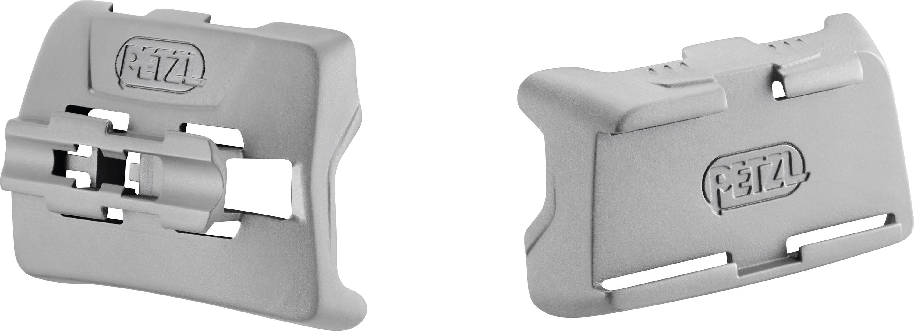 Dva sivé, obdĺžnikové kovové klipsy s logom 'Petzl', navrhnuté na zabezpečenie alebo pripevnenie výbavy, zobrazené z rôznych uhlov.