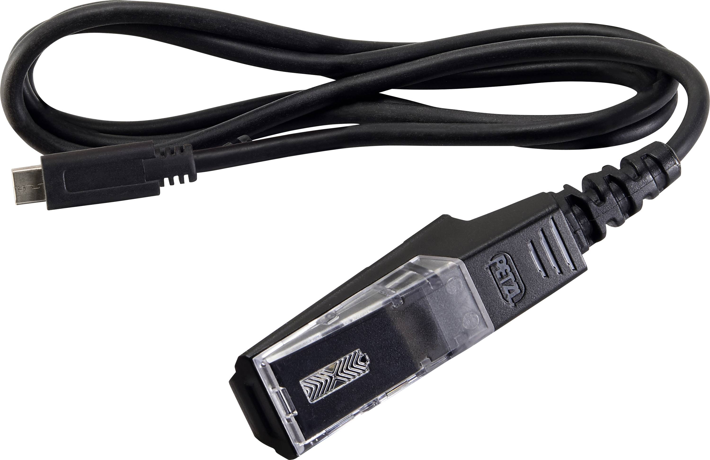Čierny USB kábel s micro USB zástrčkou na jednom konci a špecializovaným konektorom na druhom konci, ktorý sa zvyčajne používa pre špecifické zariadenia.