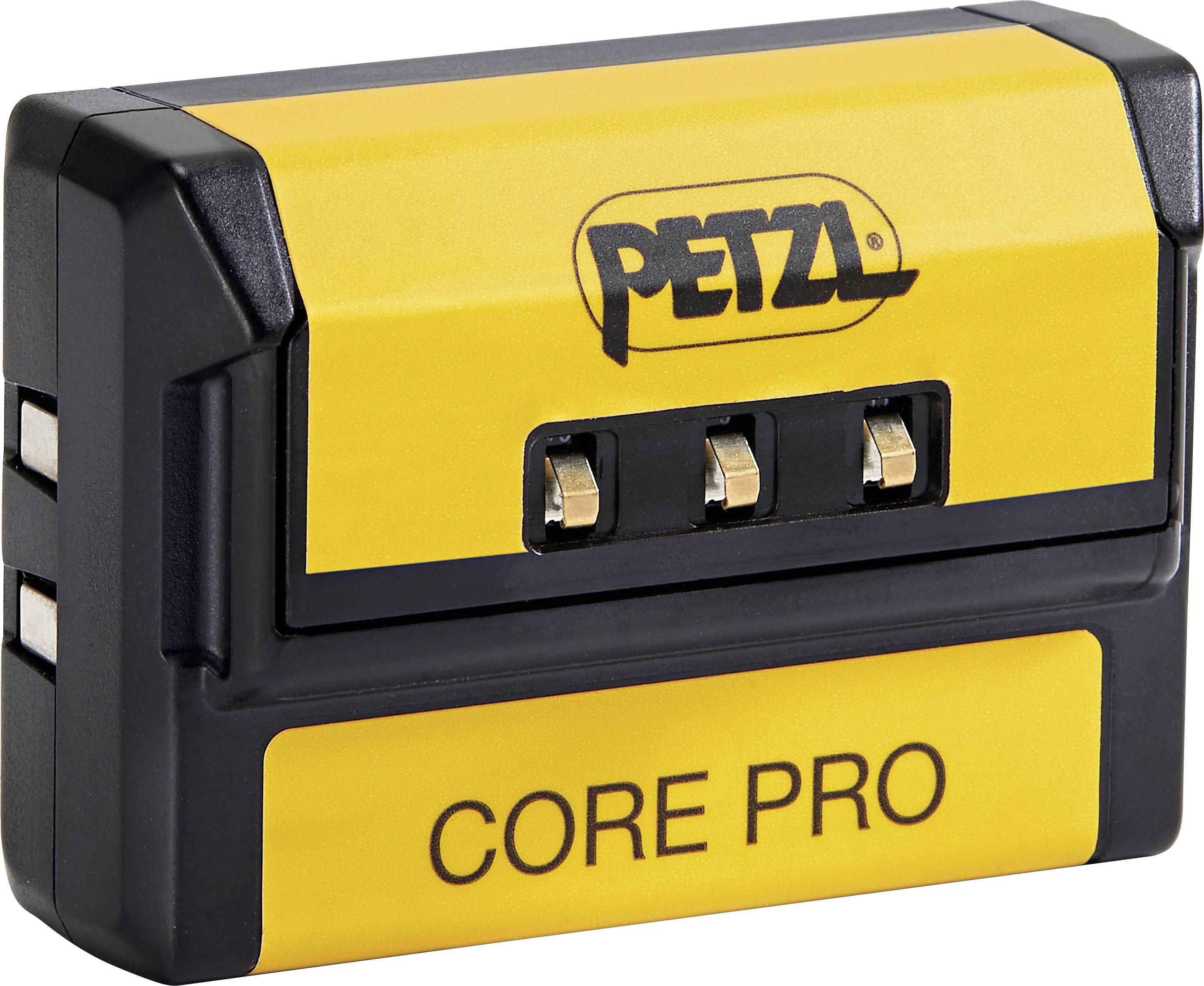 Žltá batéria značky PETZL s čiernymi detailmi s označením 'CORE PRO'.