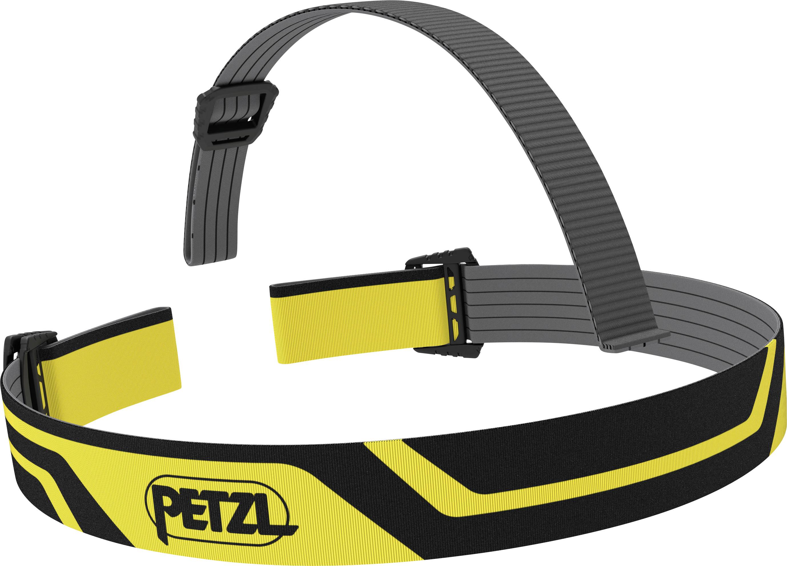 Žltý a čierny nastaviteľný čelenný pás na prilbu značky PETZL, s prackou a dizajnom remienka pre bezpečné upevnenie.