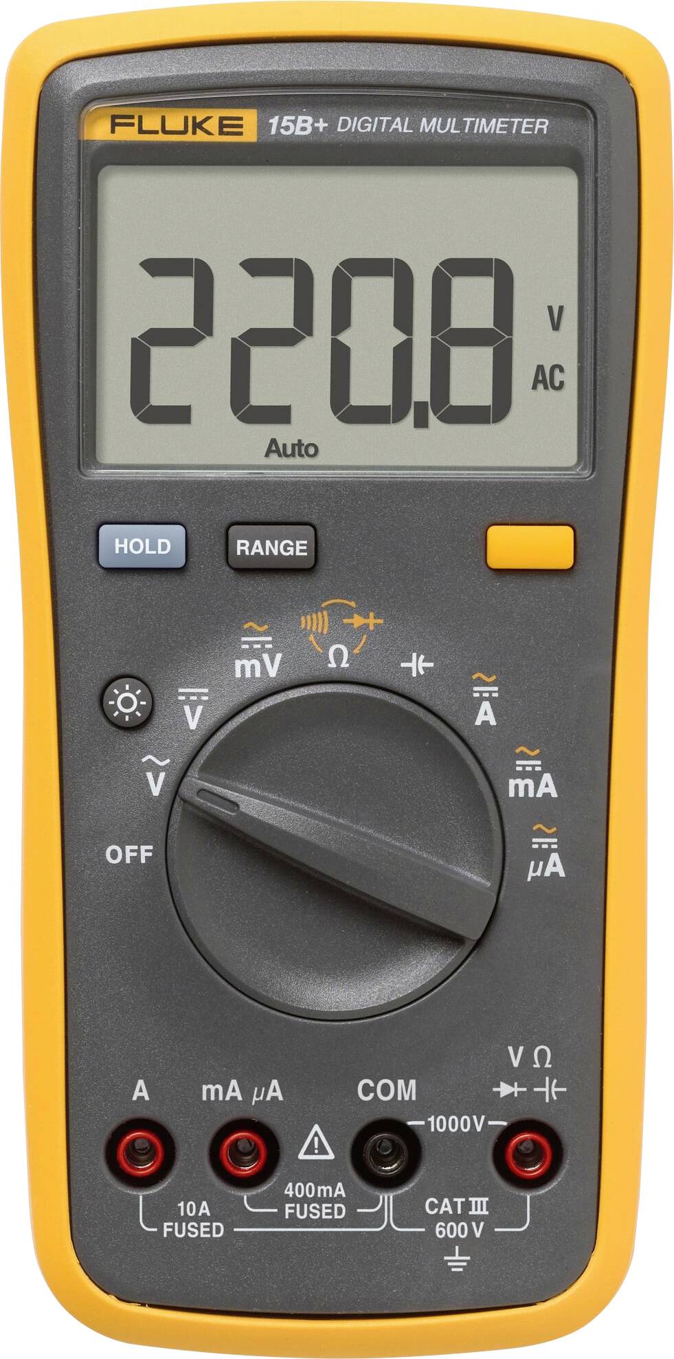 Digitálny multimeter zobrazuje na displeji hodnotu 220,8 voltov striedavého prúdu (AC). Prepínač je nastavený na meranie napätia, pričom sú viditeľné aj možnosti pre iné druhy meraní.