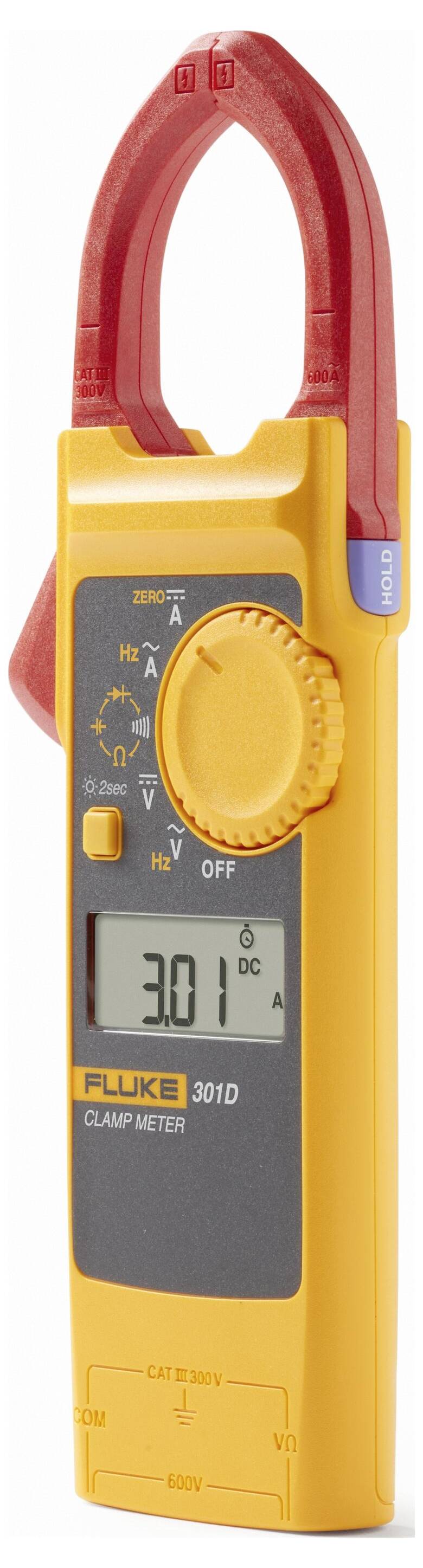 Žltý a červený digitálny svorový multimeter zobrazujúci nameraný údaj '3,01 DC'. Súčasťou prístroja je otočný volič na výber rôznych meracích nastavení.
