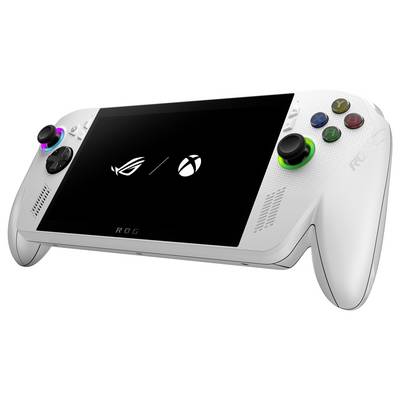 Biela prenosná herná konzola s čiernym displejom zobrazujúcim logá ROG a Xbox, s farebnými tlačidlami a ovládačmi.