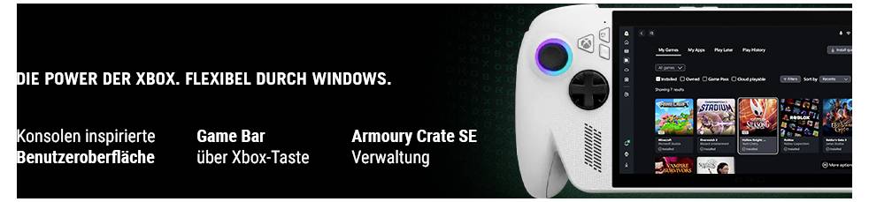 Herný ovládač zariadenia zobrazujúci dizajn inšpirovaný Xbox a obrazovka zobrazujúca herné rozhranie. Text zvýrazňuje flexibilnú integráciu s Windows.