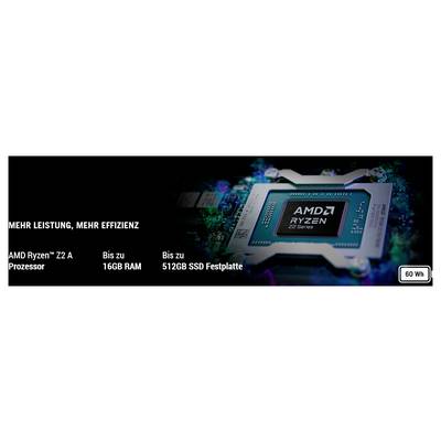 'AMD Ryzen 7 APU' detail zblízka, so zobrazením textu 'Viac výkonu, vyššia efektivita'. Hlavné body: 'Až 16GB RAM', 'Až 512GB SSD', '60 Wh'.