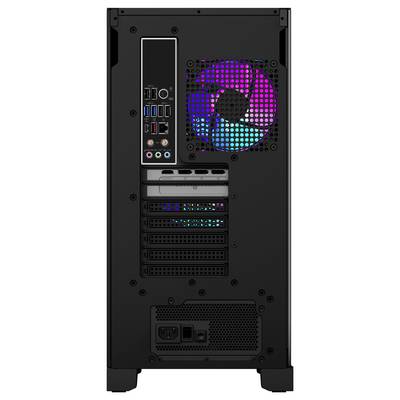 Pohľad zozadu na počítačovú vežu zobrazujúci rôzne porty vrátane USB, audio konektorov a ethernetového portu. Je viditeľný ventilátor s RGB podsvietením.
