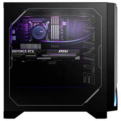 Herný desktop s priehľadným bočným panelom odhaľuje vnútorné komponenty vrátane grafickej karty 'GeForce RTX' a chladiaceho systému MSI.