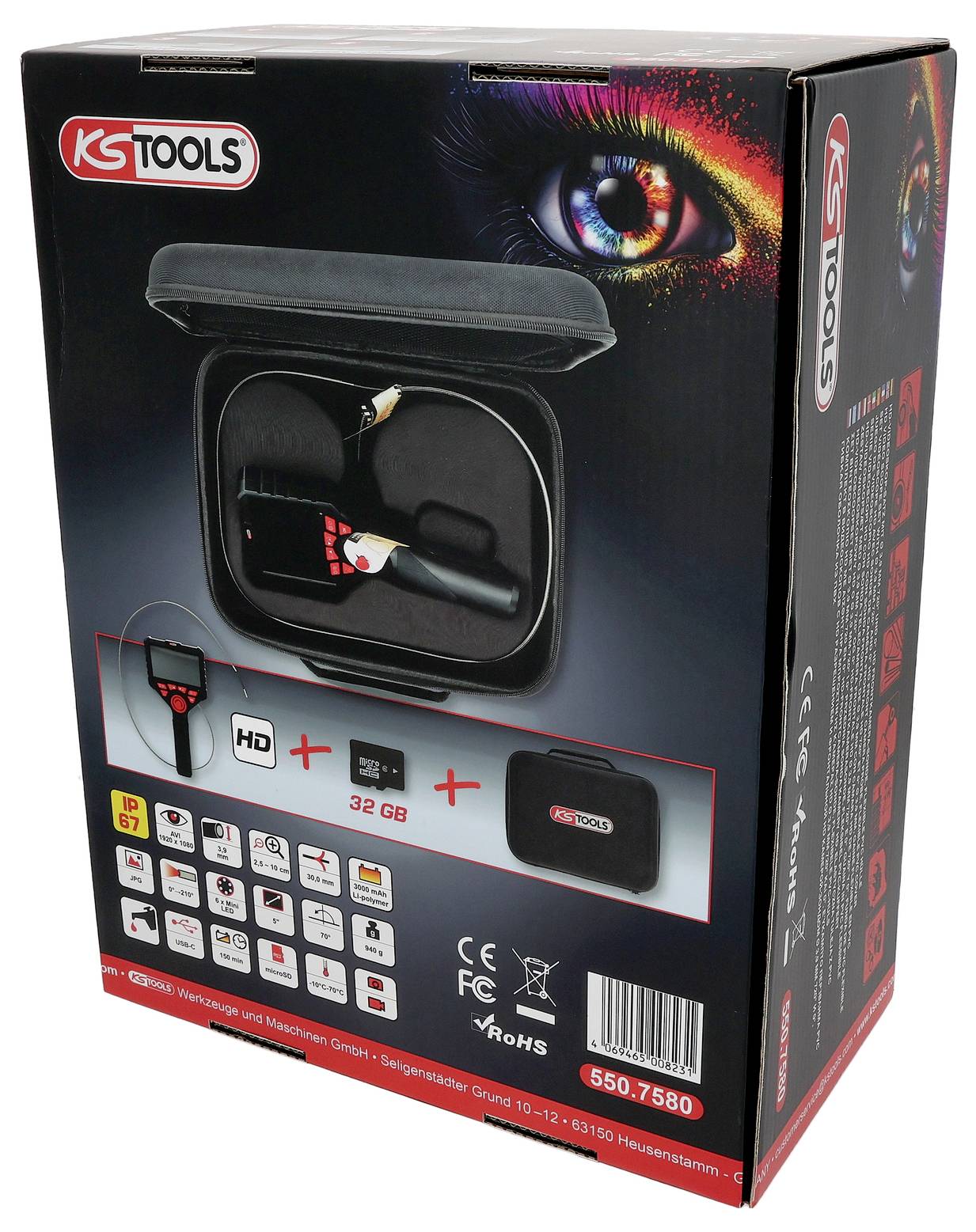 Krabicový obal pre endoskop KS Tools s kompaktným dizajnom, obsahujúci nástroj a príslušenstvo vo vnútri. Jasný, farebný dizajn na bočnej strane.
