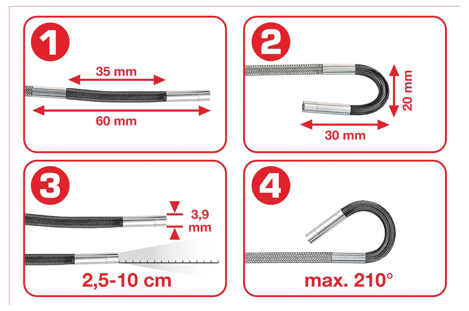 'Diagram s pokynmi na ohýbanie: 1. Max ohyb 35 mm pri dĺžke 60 mm; 2. 30 mm ohyb vo výške 20 mm; 3. Nastavte intervaly 2,5-10 cm; 4. Max uhol 210°.'