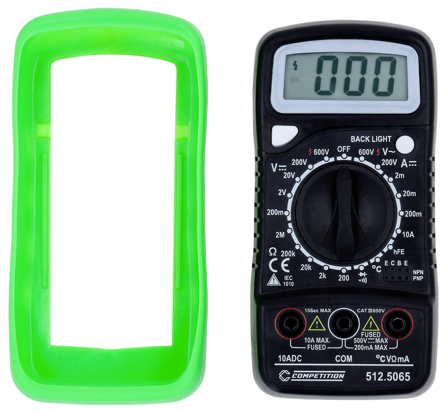 Digitálny multimeter s ochranným zeleným krytom vedľa neho, na displeji je zobrazená hodnota '000'. Hlavný otočný prepínač je v polohe vypnutia.
