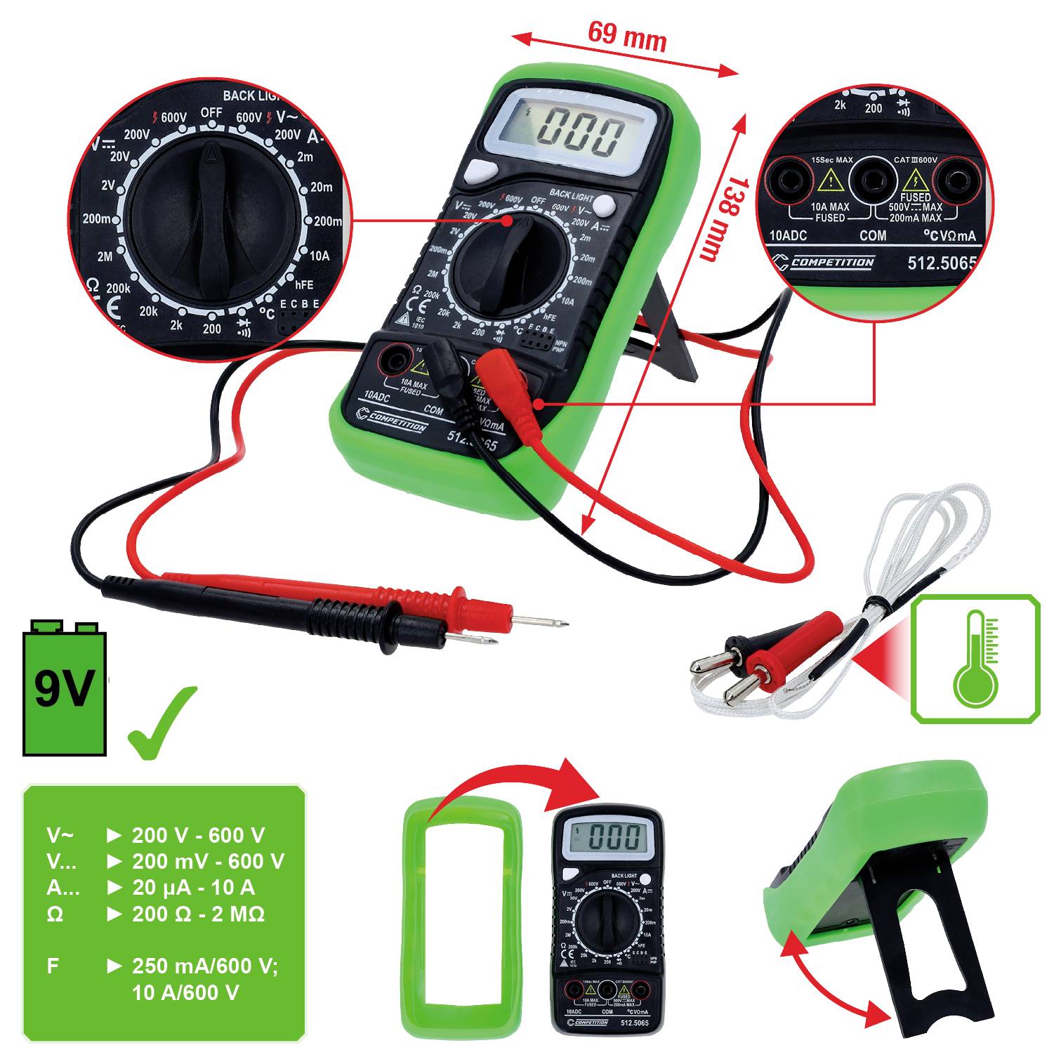 Digitálny multimeter so zeleným krytom, sondami a meracími nastaveniami pre napätie, prúd a teplotu. Vrátane priestoru pre 9V batériu.
