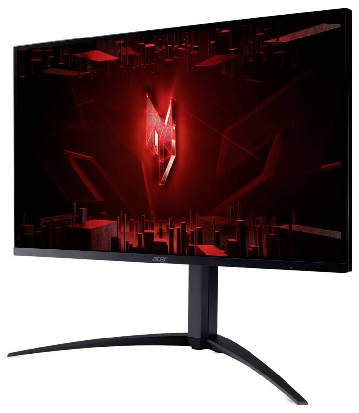 Monitor Acer zobrazujúci červený geometrický digitálny dizajn s abstraktnými vzormi a centrálnym žiariacim symbolom.