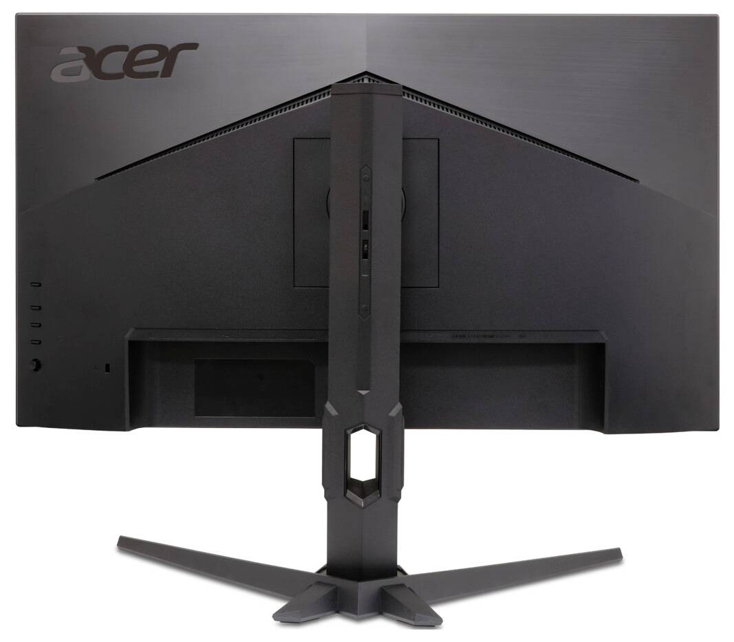Pohľad zozadu na čierny počítačový monitor Acer na V-tvarovom stojane, ktorý má textúrovaný dizajn a viditeľné firemné logo v ľavom hornom rohu.