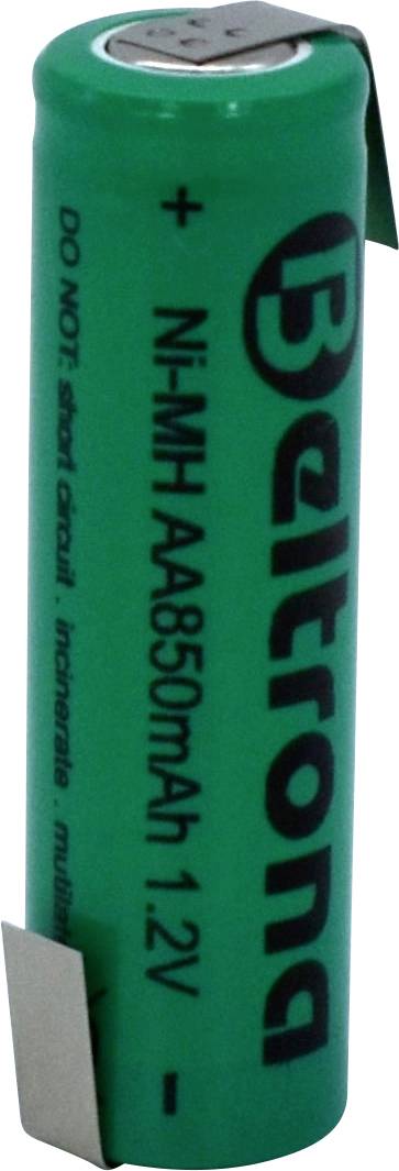 Zelená valcovitá AA batéria označená ako 'Beltrona' s kapacitou 850mAh a napätím 1,2V, ktorá poukazuje na jej nabíjateľnú povahu.