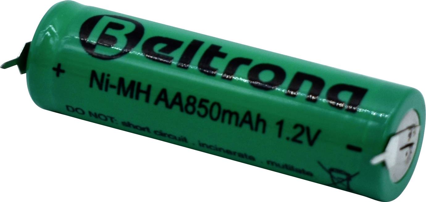 Zelená valcovitá batéria s označením 'Beltrong Ni-MH AA850mAh 1.2V', zobrazujúca kladný pól na ľavej strane.