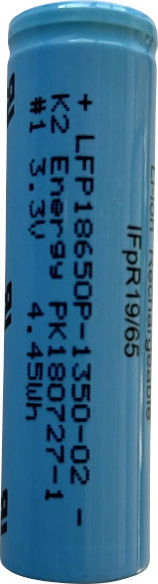 Modrá valcovitá batéria označená '+LFP18650P-1350-02', 'K2 Energy', so špecifikáciami '3,3V', '4,45Wh'.