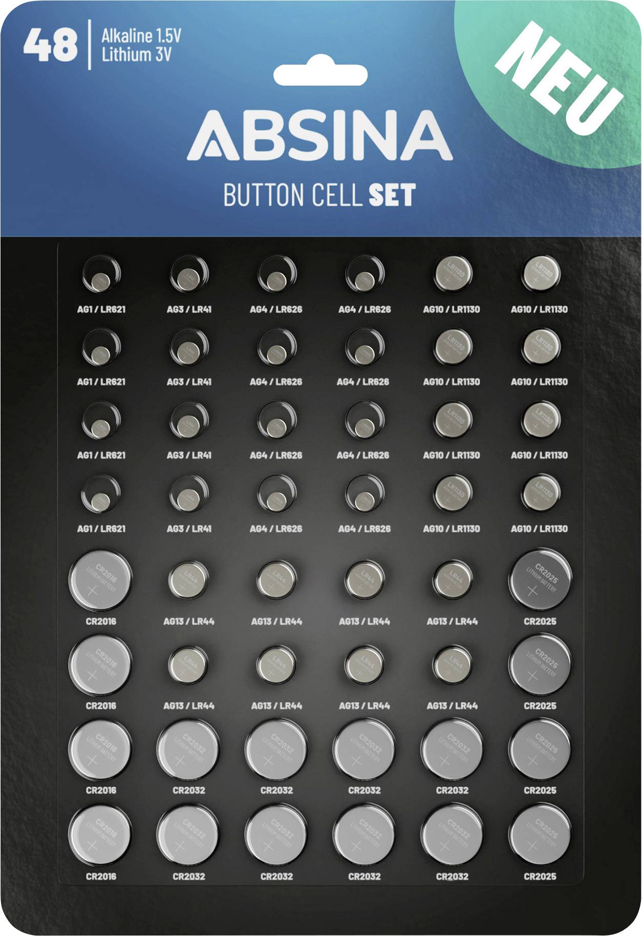 Súprava gombíkových batérií ABSINA Button Cell Set' s nálepkou 'NEU'. Obsahuje 48 gombíkových batérií: AG9/LR936, AG3/LR41, AG4/LR626, CR2032, CR2025, CR2016.