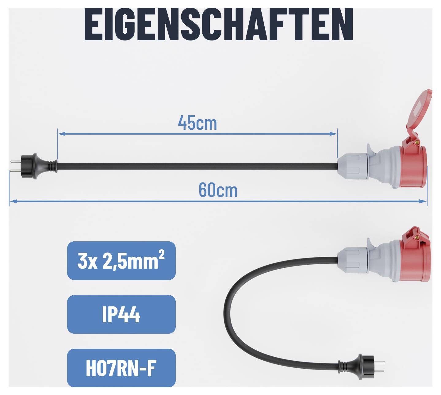 Obrázok elektrického predlžovacieho kábla s rozmermi: 45 cm a 60 cm. Vlastnosti zahŕňajú 3x 2,5 mm², stupeň krytia IP44 a typ H07RN-F.