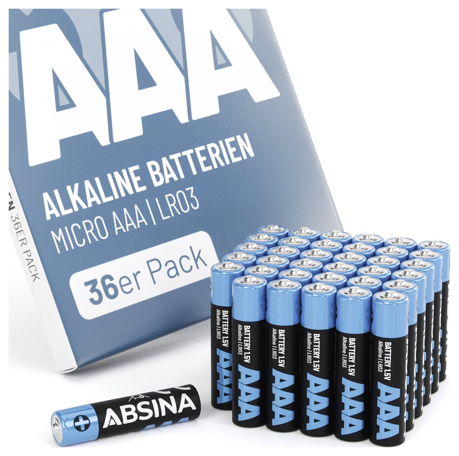 "AAA Alkalické batérie, Micro AAA, LR03, balenie 36 kusov" s riadkami zobrazených batérií.