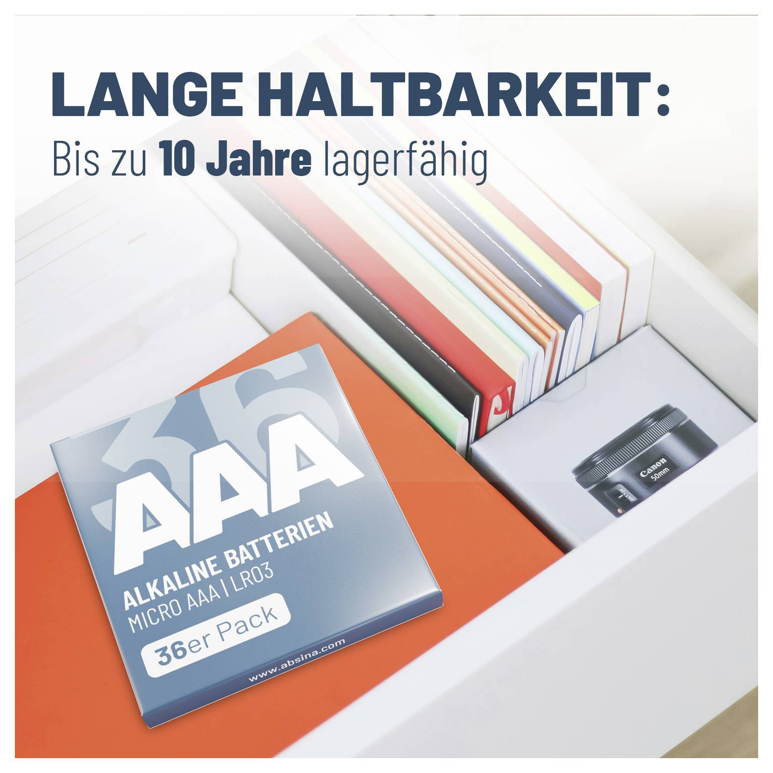 Alkalické batérie AAA 36-balenie. Text: Dlhá výdrž: Skladovateľné až 10 rokov.