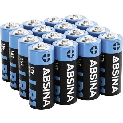 Skupina šestnástich modrých a čiernych batérií „ABSINA 1.5V R1", usporiadaných do štyroch radov, vytvárajúca kompaktný blok.