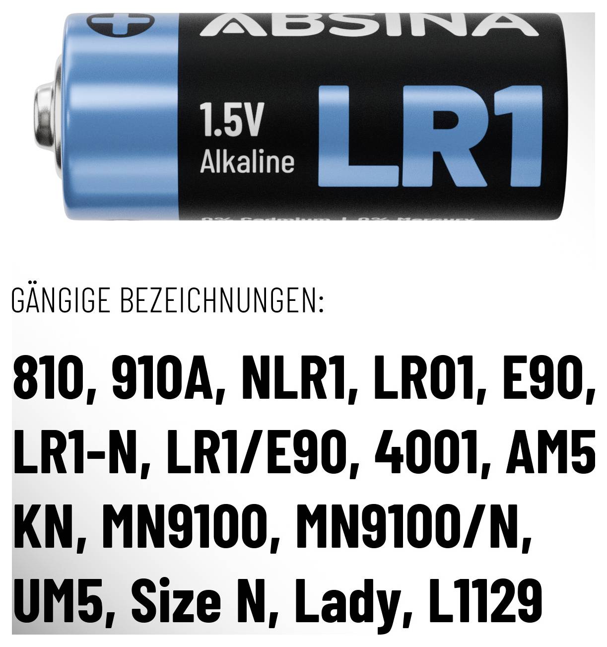 Batéria s nápisom 'ABSINA 1.5V Alkalická LR1'. Pod ňou je zoznam bežných označení ako 'E90' a 'MN9100'.