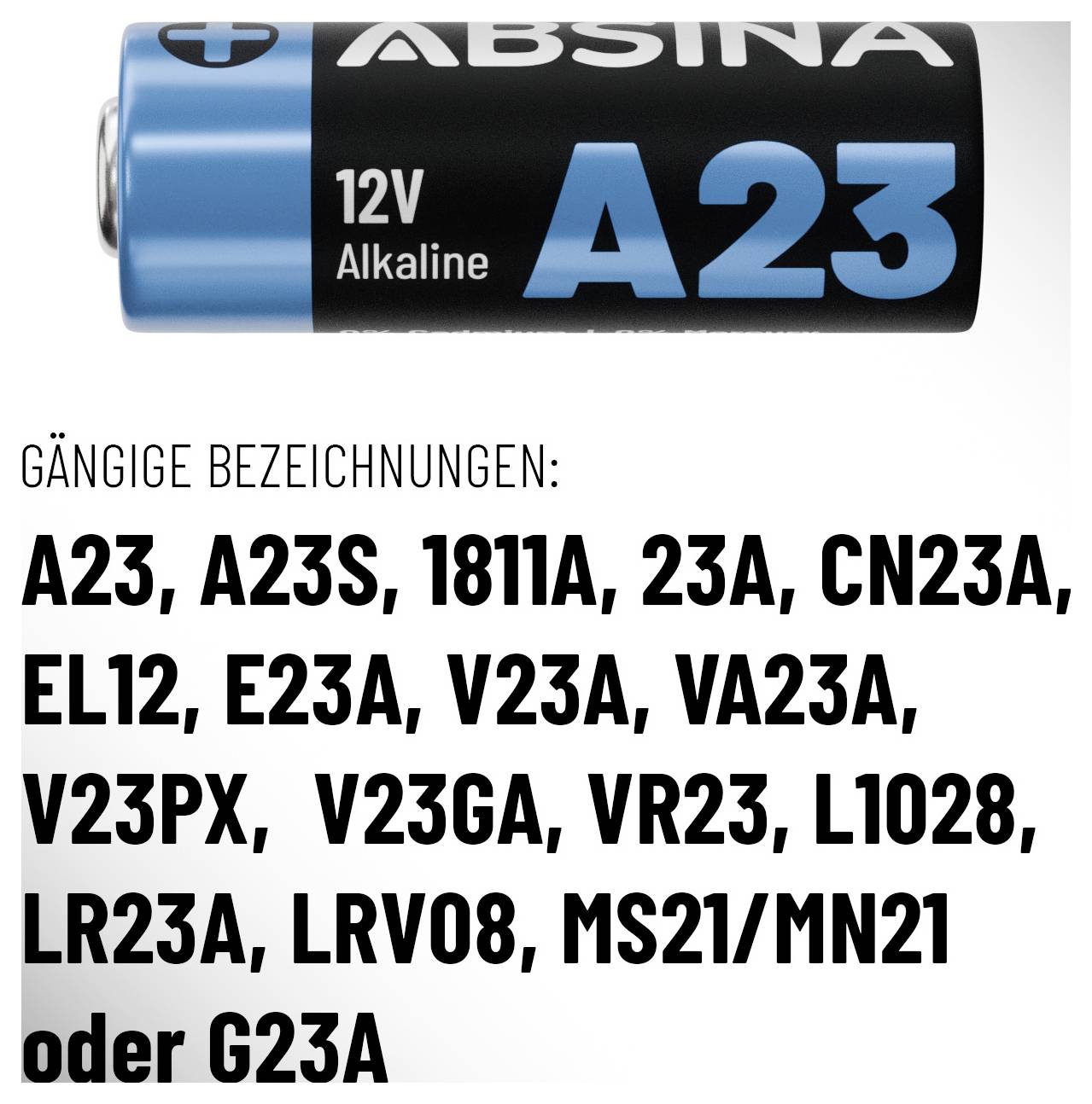 'Obrázok AA23 alkalickej batérie s bežnými označeniami ako A23, V23GA a L1028.'