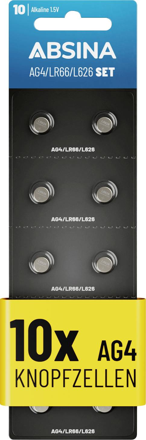 Balenie 10 gombíkových batérií AG4 označené ako 'ABSINA AG4/LR66/L626'.
