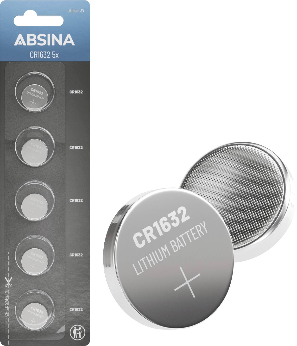 'ABSINA CR1632 5x' lítiové batérie v blistrovom balení s piatimi viditeľnými článkami a jednou voľnou batériou s nápisom 'CR1632 LÍTIOVÁ BATÉRIA'.