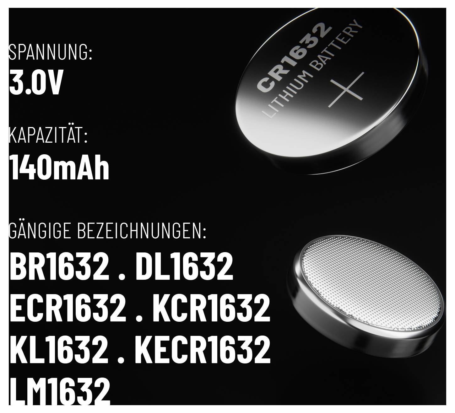 CR1632 lítiová batéria zobrazená. 'Napätie: 3,0V', 'Kapacita: 140mAh'. Bežné označenia: BR1632, DL1632, ECR1632, KCR1632, KL1632, KECR1632, LM1632.