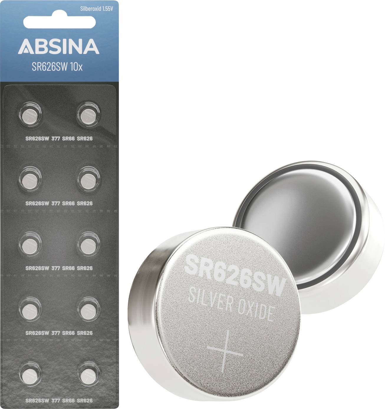 Balenie batérií ABSINA SR626SW 10x pozostávajúce z 10 gombíkových strieborných oxidických článkov. Detailný pohľad zobrazuje batériu označenú 'SR626SW SILVER OXIDE'.