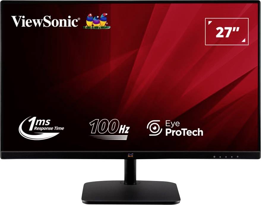 27-palcový monitor ViewSonic s displejom s '1 ms odozvou', '100 Hz' a technológiou 'Eye ProTech' pre vylepšené zobrazenie a ochranu očí.