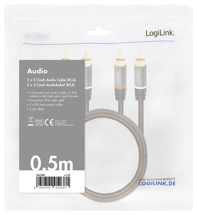 LogiLink audio kábel balenie obsahujúce dva 0,5m RCA káble v čiernej farbe pre stereo prepojenie, s pozlátenými konektormi.