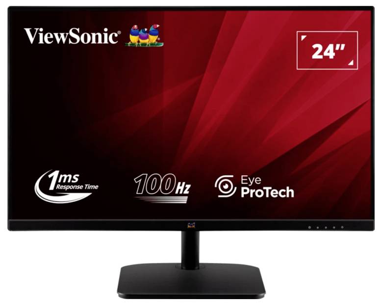 Monitor ViewSonic zobrazujúci vlastnosti: 24-palcový displej, odozva 1 ms, obnovovacia frekvencia 100 Hz a technológia Eye ProTech na červenom pozadí.