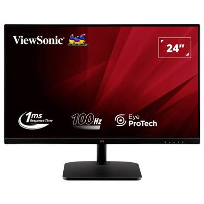Monitor ViewSonic zobrazujúci vlastnosti: 24-palcový displej, odozva 1 ms, obnovovacia frekvencia 100 Hz a technológia Eye ProTech na červenom pozadí.
