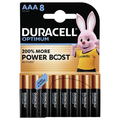 Balenie ôsmich batérií Duracell Optimum AAA s ružovým zajačikom na obale. Text znie „200% viac energie Boost".