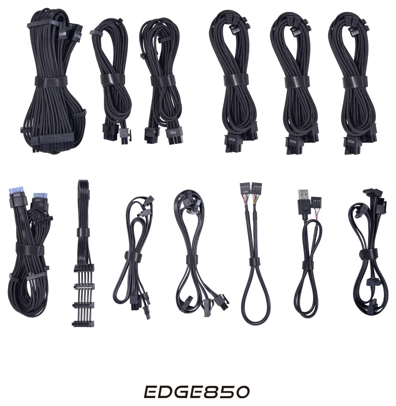 Čierne napájacie káble počítačového zdroja 'EDGE850' rôznych typov vrátane konektorov pre základnú dosku, CPU, PCIe, SATA a periférne zariadenia.