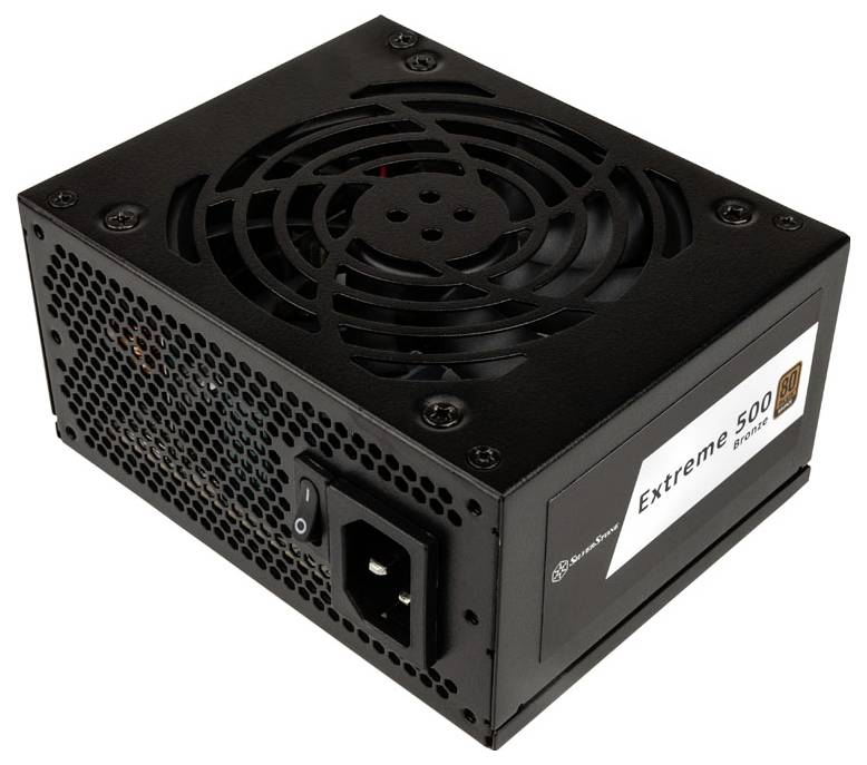Čierny počítačový napájací zdroj s chladiacim ventilátorom umiestneným na vrchu, označený ako "Extreme 500".