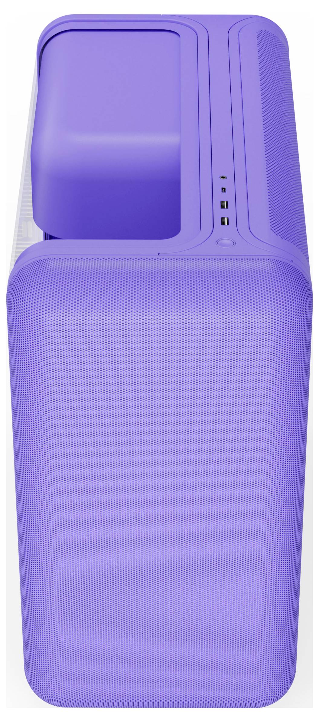 Fialová, moderná stolná počítačová skrín s ovládacími prvkami na čelnom panele a USB portmi, pohľad zhora.