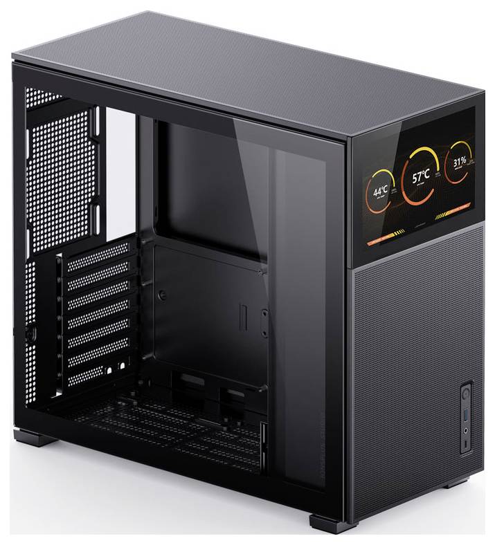 Počítačová skrinka s digitálnym displejom zobrazujúcim teplotu, využitie CPU a úrovne vlhkosti. Skrinka má priehľadný bočný panel.