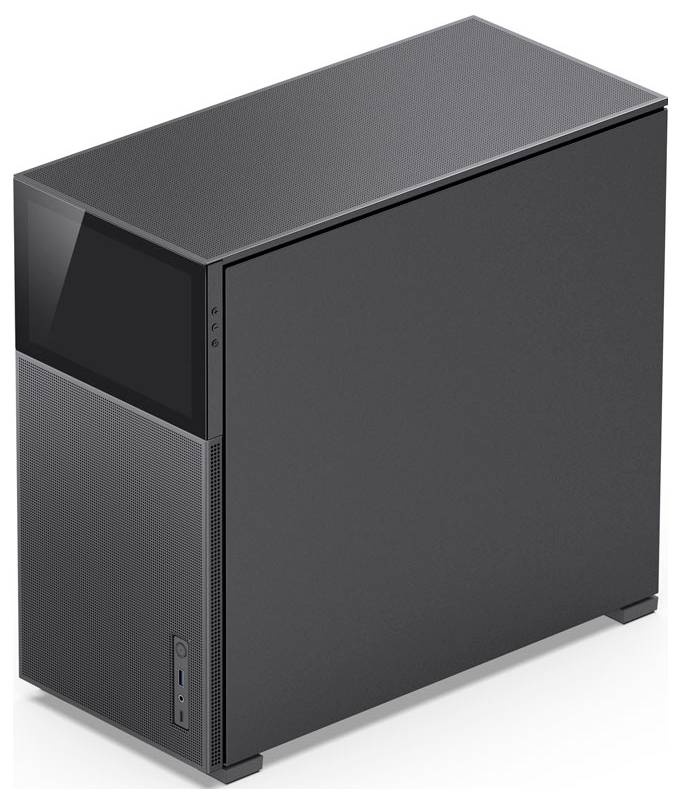 Štíhly čierny počítačový tower s minimalistickým dizajnom, vyznačujúci sa matným povrchom a predným panelom s USB portami a tlačidlami.