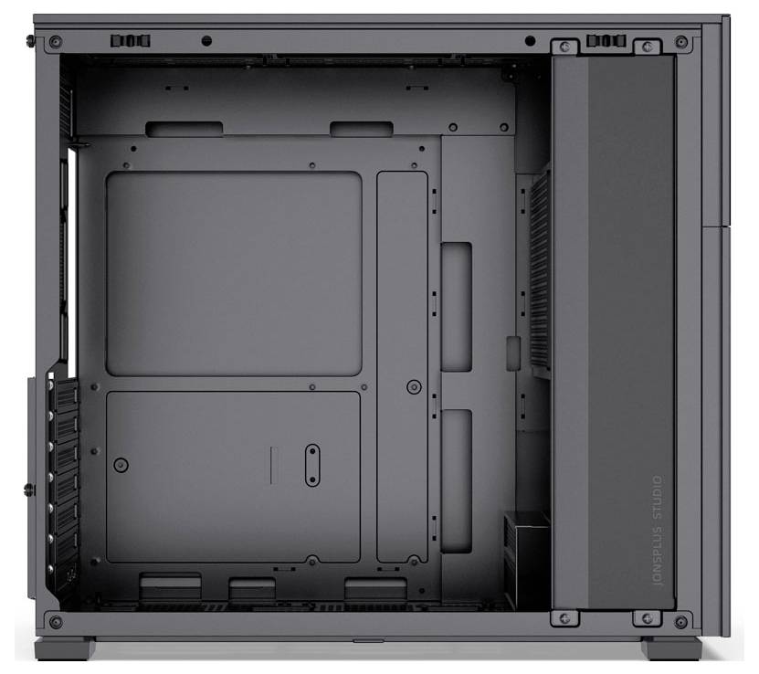 Počítačová veža s otvoreným bočným panelom, ktorá zobrazuje prázdne sloty pre disky a komponenty. Vnútrajšok je minimalistický s tmavým povrchom.