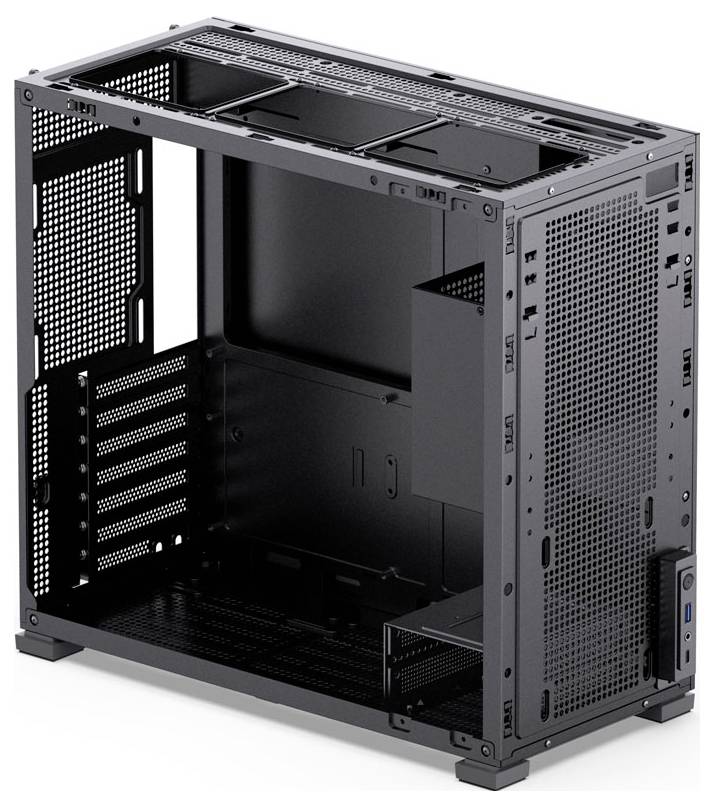 Čierny rám počítačovej skrine s mriežkovými panelmi a otvormi pre komponenty, ako je napájací zdroj a základná doska, otvorený a prázdny.
