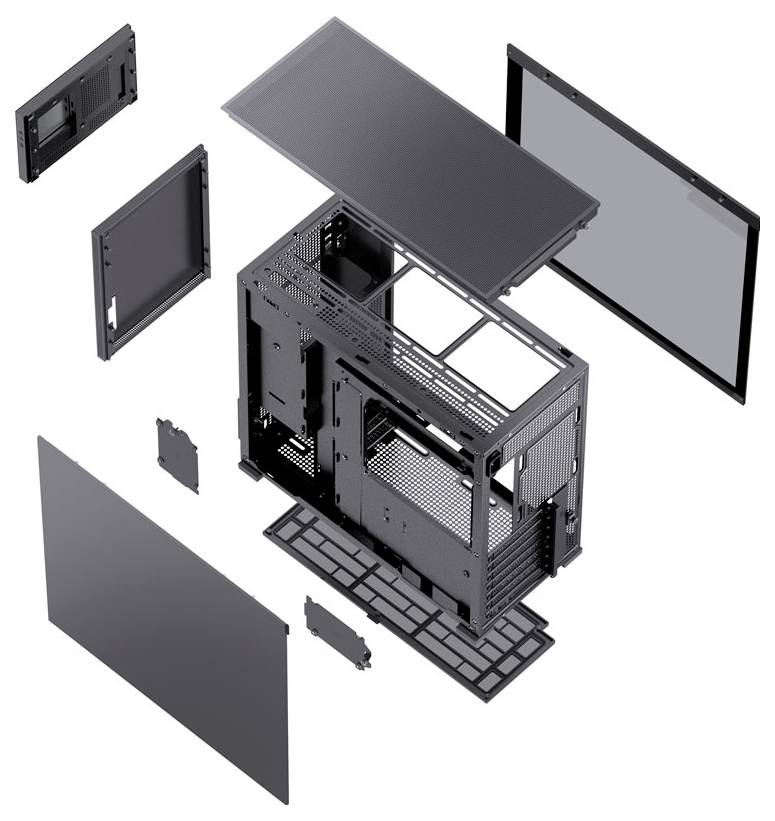 Pohľad v rozloženom stave počítačovej skrine zobrazujúci detailné komponenty vrátane kostry, bočných panelov, horného krytu a vnútorných súčastí.